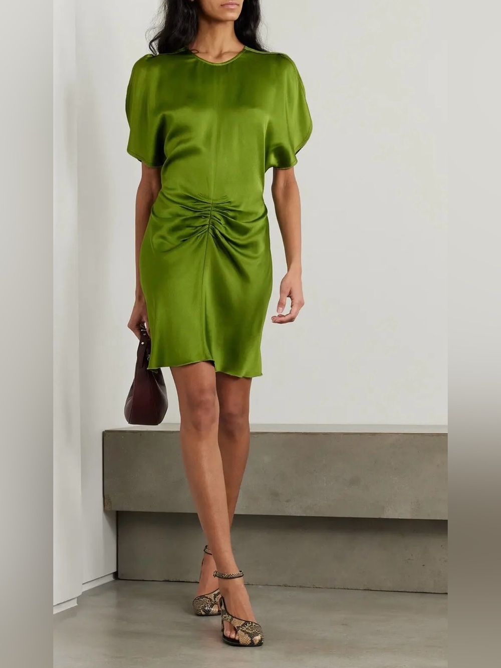 NWT Victoria Beckham Gathered satin-crepe mini dress in Leaf Green